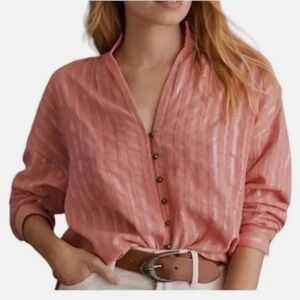 Anthropologie Pilcro Tavi Stripe Oversized Button Up Blouse M Coral Boho EUC